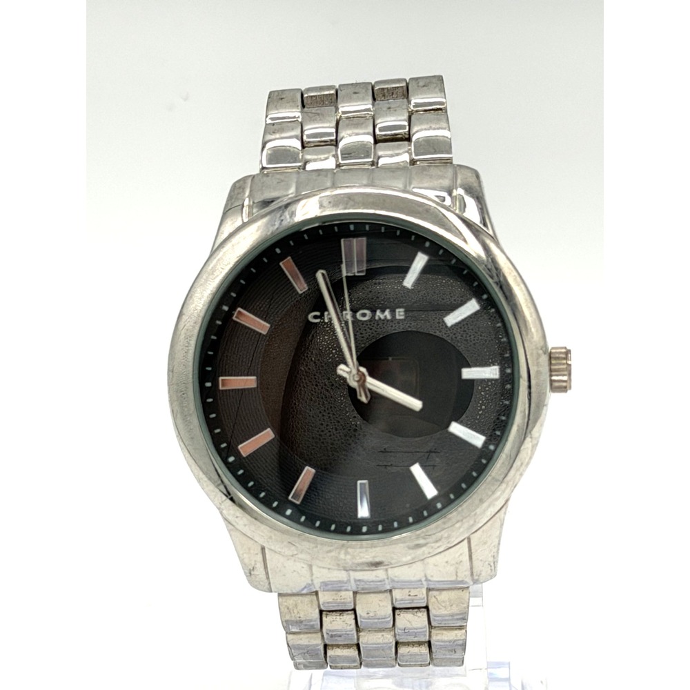 Chrome FMD Men's Quartz Watch 45mm Black Dial Silver Tone Link Bracelet Running